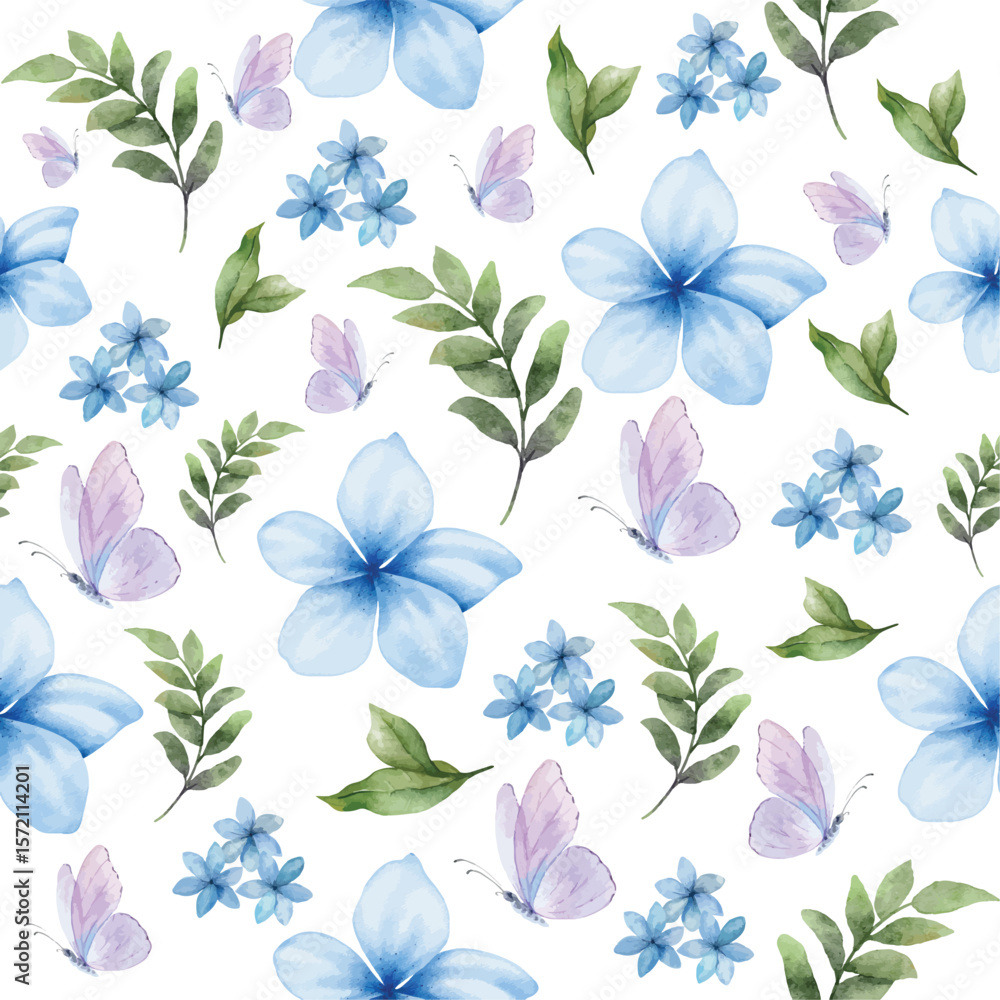 Obraz premium Seamless watercolor pattern with blue flowers, green leaves, and purple butterflies on white background. Ideal for spring designs, textile prints, wallpaper, and botanical art projects.
