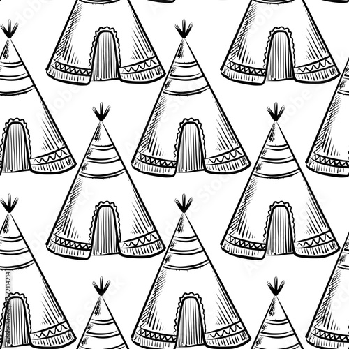 Pattern of vibrant teepees set against a clean, white background showcasing a playful design for various creative projects