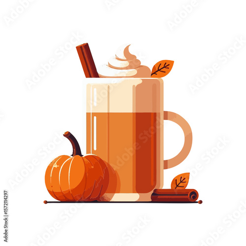 This image shows a pumpkin spice latte with a pumpkin and cinnamon sticks, ideal for websites or blogs about autumn, seasonal drinks, or cozy recipes.

