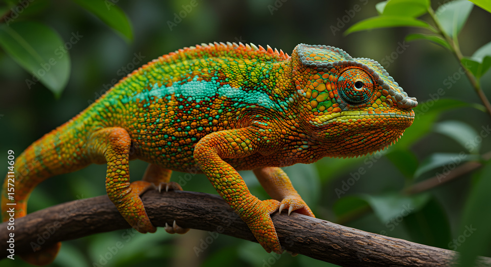 Obraz premium Colorful Chameleon Perched on Branch in Natural Green Environment