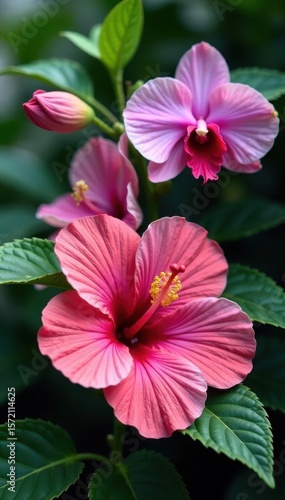 Intricate hibiscus & orchid blooms, lush green leaves, floral pattern, green