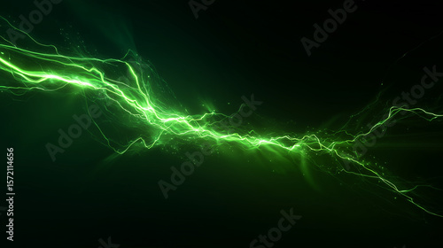 Green flashing, Intense green lightning strike across dark powerful electrical discharge background