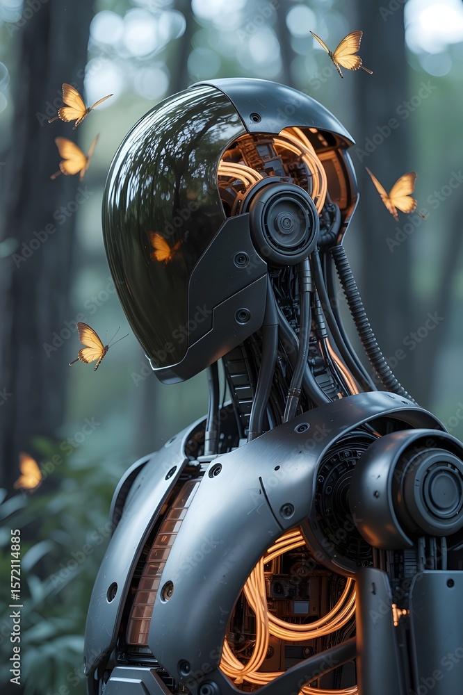 Fototapeta premium Futuristic Humanoid Robot with Glowing Circuits Interacting with Butterflies in a Forest – AI Meets Nature Concept Art