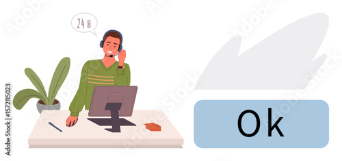 Agent wearing headset working at desk with computer, plant, stationery, and a 24-hour service bubble. Ideal for support, helpdesk, communication, work service assistance productivity. Simple flat