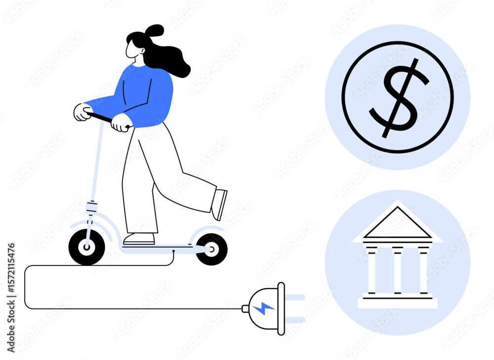 Woman riding an electric scooter connected to a power plug, alongside dollar and bank symbols. Ideal for mobility, finance, sustainability, green energy, cost-saving, innovation, modern lifestyle Woman riding an electric scooter connected to a power plug, alongside dollar and bank symbols. Ideal for mobility, finance, sustainability, green energy, cost-saving, innovation, modern lifestyle