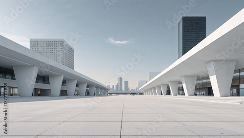 A modern cityscape view featuring white buildings and a skyline under a clear sky on a sunny day
