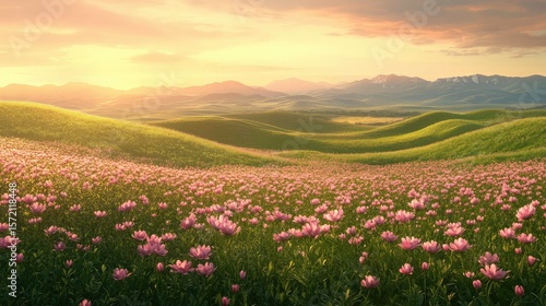 A field of pink flowers with rolling green hills and mountains under a warm sunset sky landscape