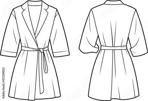 Belted blazer dress technical sketch, front and back view, fashion flat template, stylish formalwear design, women clothing mockup, illustration