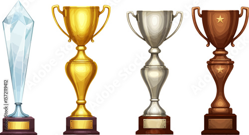 Trophy awards set vector illustration of gold silver and bronze trophies for competition and achievement