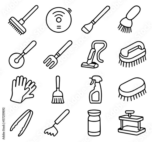 A meticulously drawn set of cleaning tools and appliances. A compilation of essential items for maintaining a pristine and orderly living space.