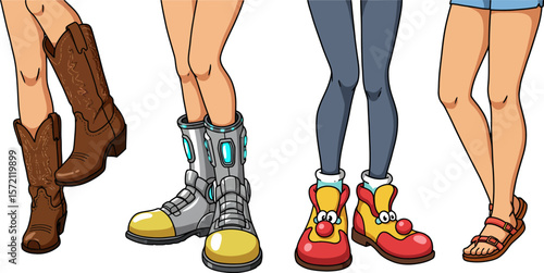 Cartoon footwear collection featuring cowboy boots futuristic shoes and clown shoes for fashion design