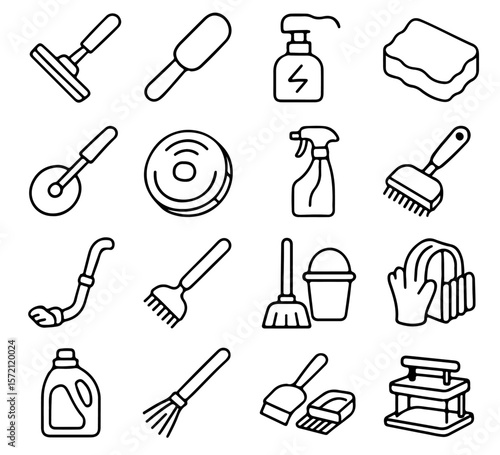 A comprehensive set of cleaning tools. The collection showcases various implements used for maintaining cleanliness and order, emphasizing functionality and efficiency.