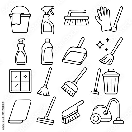 A collection of essential cleaning tools, arranged in a visually appealing and functional manner. Representing cleanliness and hygiene in various forms, ready for action.