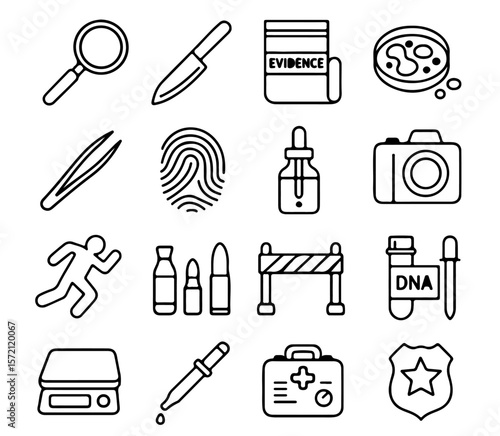 An assortment of line art crime scene investigation icons meticulously arranged. Every item tells a story, creating an evocative visual narrative of meticulous investigation.