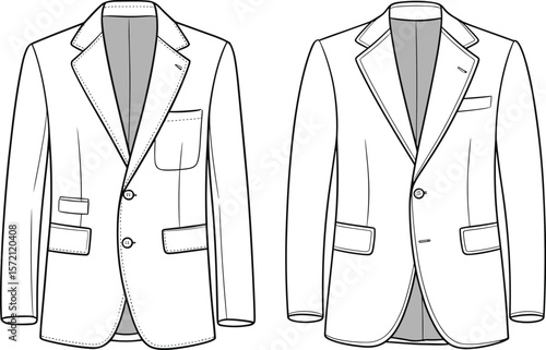 Men’s formal blazer fashion flat sketch, technical drawing, vector jacket front view, tailored coat design template for clothing production