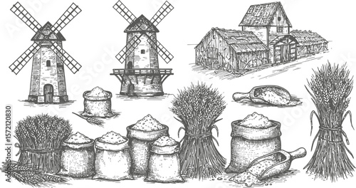 Vintage farm scene with windmills wheat and flour sacks hand drawn sketch vector illustration design