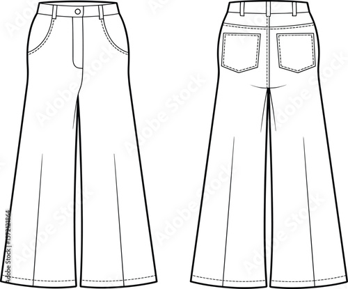 Technical flat sketch of wide leg denim jeans, high waist pants with pockets, front and back view, fashion illustration