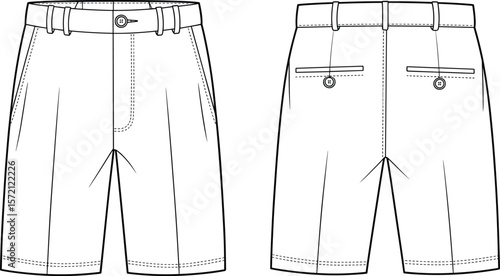 Vector flat sketch of men’s tailored shorts, front and back view, button details, belt loops, technical fashion drawing, summer wear