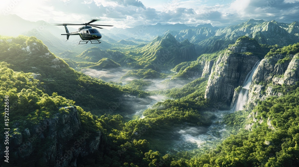 Fototapeta premium A helicopter is flying over a lush green forest