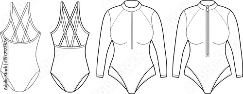 Women’s swimsuit fashion flat sketch, front and back bodysuit design, long sleeve zipper detail, strappy one-piece technical illustration