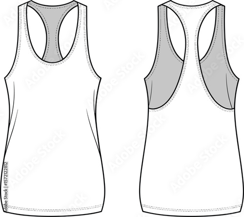 Women's racerback tank top flat sketch, front and back view, sleeveless sportswear template, technical drawing for fashion design mockup