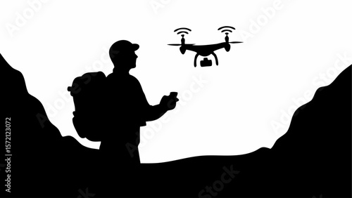 Silhouette of a man with backpack operating a drone in a mountainous landscape against a white background