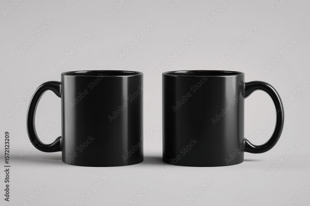 Two identical black mugs, side-by-side, on a neutral backdrop