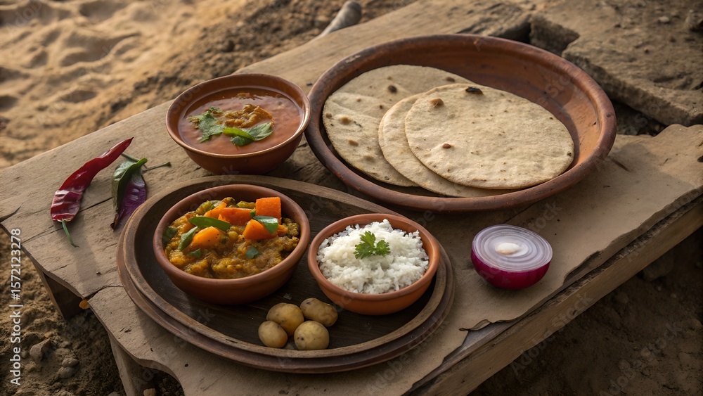 Authentic indian meal with flatbreads rice and vegetable curry Authentic indian meal with flatbreads rice and vegetable curry