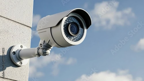 Security camera mounted on a building with a blue sky background