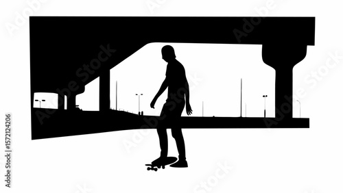 Silhouette of skateboarder under bridge with streetlights in background in black and white illustration