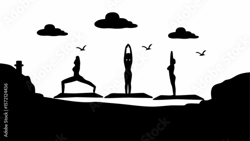 Silhouette of three women in yoga poses on mats with clouds and birds in the background on a landscape view
