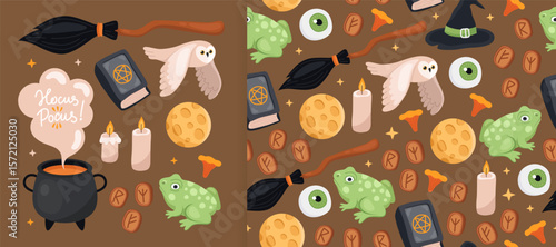 Collection of magical spooky Halloween elements and seamless pattern. Witch's cauldron, broom, candle, owl, frog, moon, runes on brown background. Design for wrapping paper, textile.