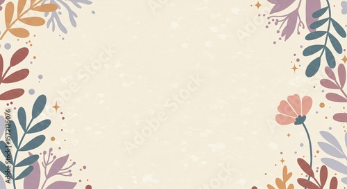 Abstract floral design featuring pastel leaves and flowers on a beige textured background