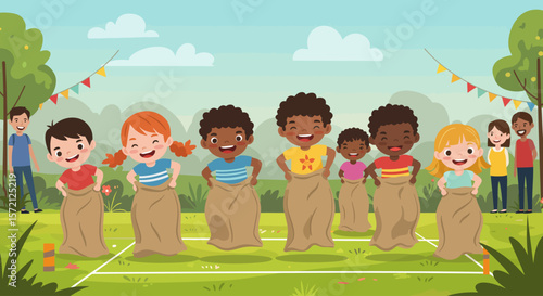 Children participate in a sack race during a school event, smiling and having fun outdoors.