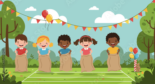 Happy children participate in a lively sack race at a cheerful outdoor party.