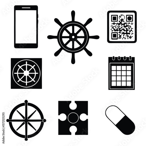 Black icons smartphone steering wheel calendar puzzle pill qr code vector