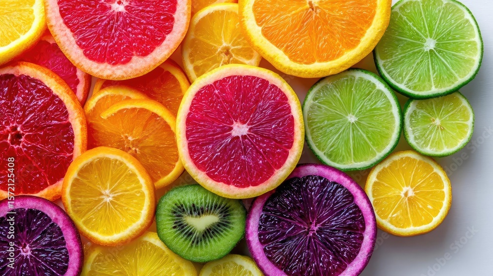 Fruit combo concept. A vibrant assortment of sliced colorful fruits on a surface. Fruit combo concept. A vibrant assortment of sliced colorful fruits on a surface.