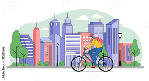 Urban cyclist navigating a city landscape, a colorful illustration.