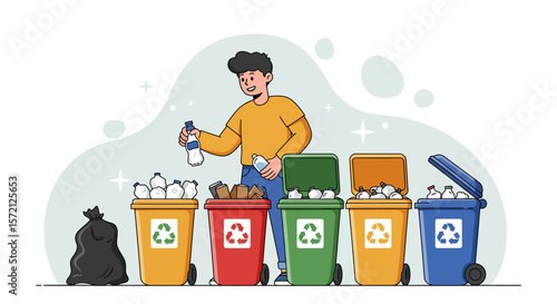 Man diligently sorts recyclables into color-coded bins, promoting environmental responsibility.