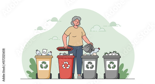 Elderly woman diligently sorts recyclables into different bins outdoors.