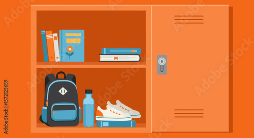 An orange locker interior filled with school supplies and sports equipment.