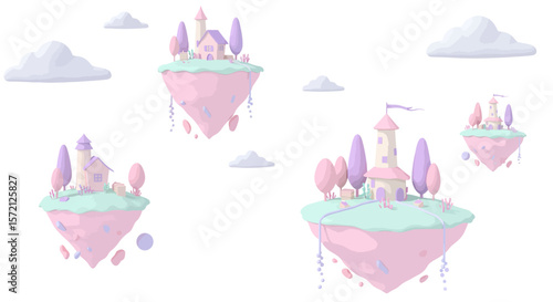 Pastel-colored, whimsical floating islands with charming houses and trees, digitally rendered.