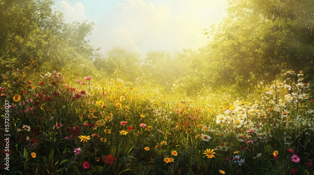 Obraz premium A sunlit meadow filled with colorful wildflowers and lush green trees under a bright sky view scene