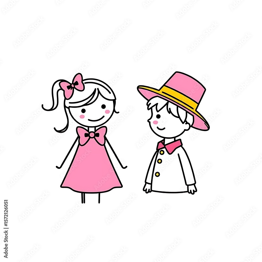 Cute cartoon drawing of girl and boy with pink bow and hat illustration for kids design art vector Cute cartoon drawing of girl and boy with pink bow and hat illustration for kids design art vector