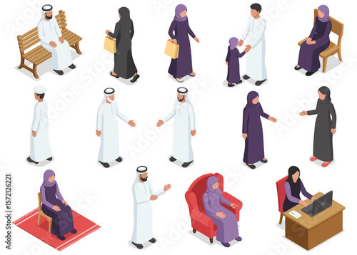Arab muslims people 3d seamless pattern background on a white isometric view include of nationality businesswoman businessman and family vector illustration of icon