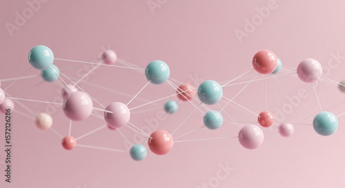 Abstract network of pastel spheres connected by lines on a pink background concept