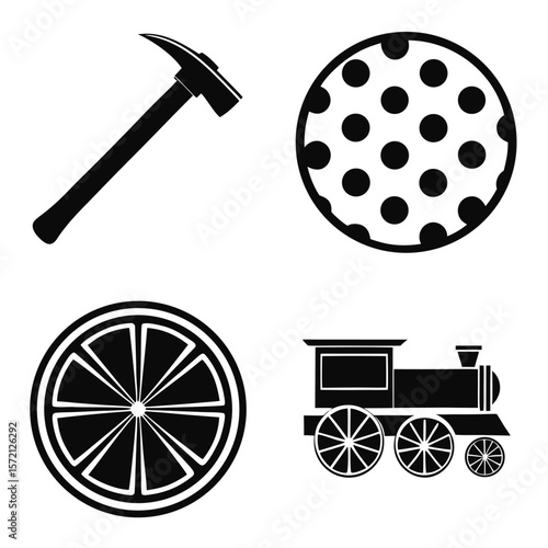 Hammer polka dot circle orange slice train pickaxe