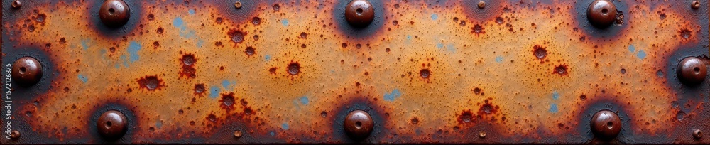 Obraz premium Weathered steel plate, rivets showing, deep rust texture, pattern, oxidized