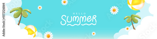Cute summer header banner with blue sky background palm trees beach balls and white flowers in fun 3D cartoon style for kids theme or seasonal promotion