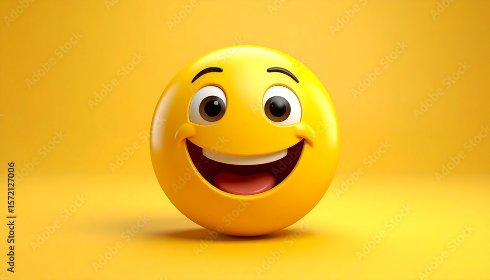 Fototapeta premium Happy Grinning Face Emoji on Yellow Background